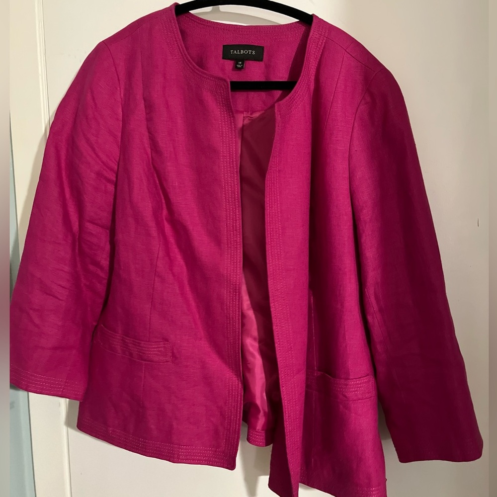 Talbots 100% Linen Open-Front Jacket – Size 14 – Fuchsia Pink